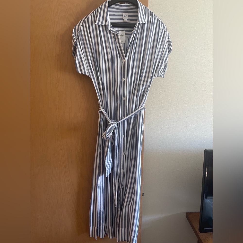 GAP Women’s Blue and White Vertical Stripe Button-Down Dress
